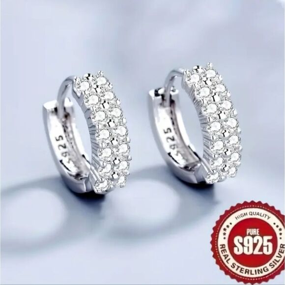 Sterling silver double Row diamond earrings - Picture 1 of 8